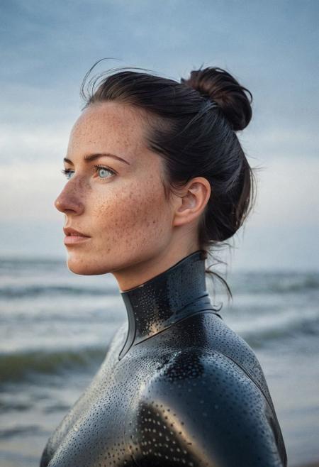Stunning analogue photo of a beautiful 38 years old Dutch woman, sideview, making a selfie to send to her boyfriend, wetsuit, perfect face, absolute beauty, sexy pose, natural raven black hair, ponytail, blue eyes, freckles, freckles and moles all over body, absolute perfect tits, big tits, soft natural tits, in the surf, at the Dutch coastline, early morning, very foggy, soft natural early morning light, ultra realistic, extremely detailed