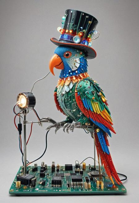 embedding:lazmpos, Transistors, pcb_style, LED, colorful LED lights, RGB lights, red green and blue parrot, art deco, top hat, cane, monocle,RetroBG