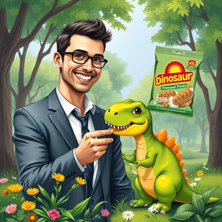 Create a bright and funny promotional illustration for dinosaur food that should look like a real photo. The painting depicts a man in a stylish business suit smiling as he feeds a small dinosaur the size of a cat. The dinosaur looks friendly and playful, with bright colors and cute facial features. Around them is a green park with trees and flowers, creating an atmosphere of joy and comfort. In the background, you can add a package of dinosaur food with a bright logo and slogan, emphasizing that this food is an ideal choice for small dinosaurs. It is important that all the elements of the image look realistic, as if it were a real photograph."