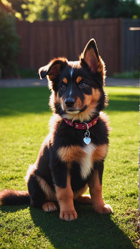 RAW photo, Macro, cute puppy on backyard, collar, Concept art, detailed fur, masterpiece, aesthetic, depth of field, noir, high contrast, colorful, poster, hyper detailed, cinematic lighting, soft shadows, sharp focus, best quality, ISO 100, 16K resolution.