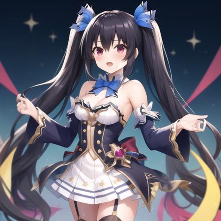 (masterpiece, best quality:1.2),illustration,8k,hd,1girl,solo,cowboy shot,medium breasts,twintails,neptune (series),noire (neptune series),very long hair,skirt,white skirt,pleated skirt,cleavage,bangs,bare shoulders,black dress,black footwear,black hair,blue bow,thighhighs,blue bowtie,blue ribbon,bow,bowtie,brooch,buttons,detached collar,hair ornament,detached sleeves,dress,eyebrows visible through hair,frilled sleeves,frills,garter straps,white dress,gold trim,hair between eyes,hair ribbon,holding hair,jewelry,multicolored clothes,multicolored dress,red eyes,ribbon,short dress,strapless,strapless dress,thigh boots,twintails,zettai ryouiki,buran buta,<lora:Noire>,