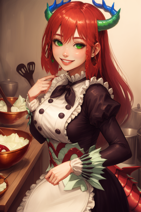 <lora:Kitchen_Dragonmaid-10:0.9>, kitchen_dragonmaid, looking at viewer, smile, bow, hair between eyes, green eyes, parted lips, juliet sleeves