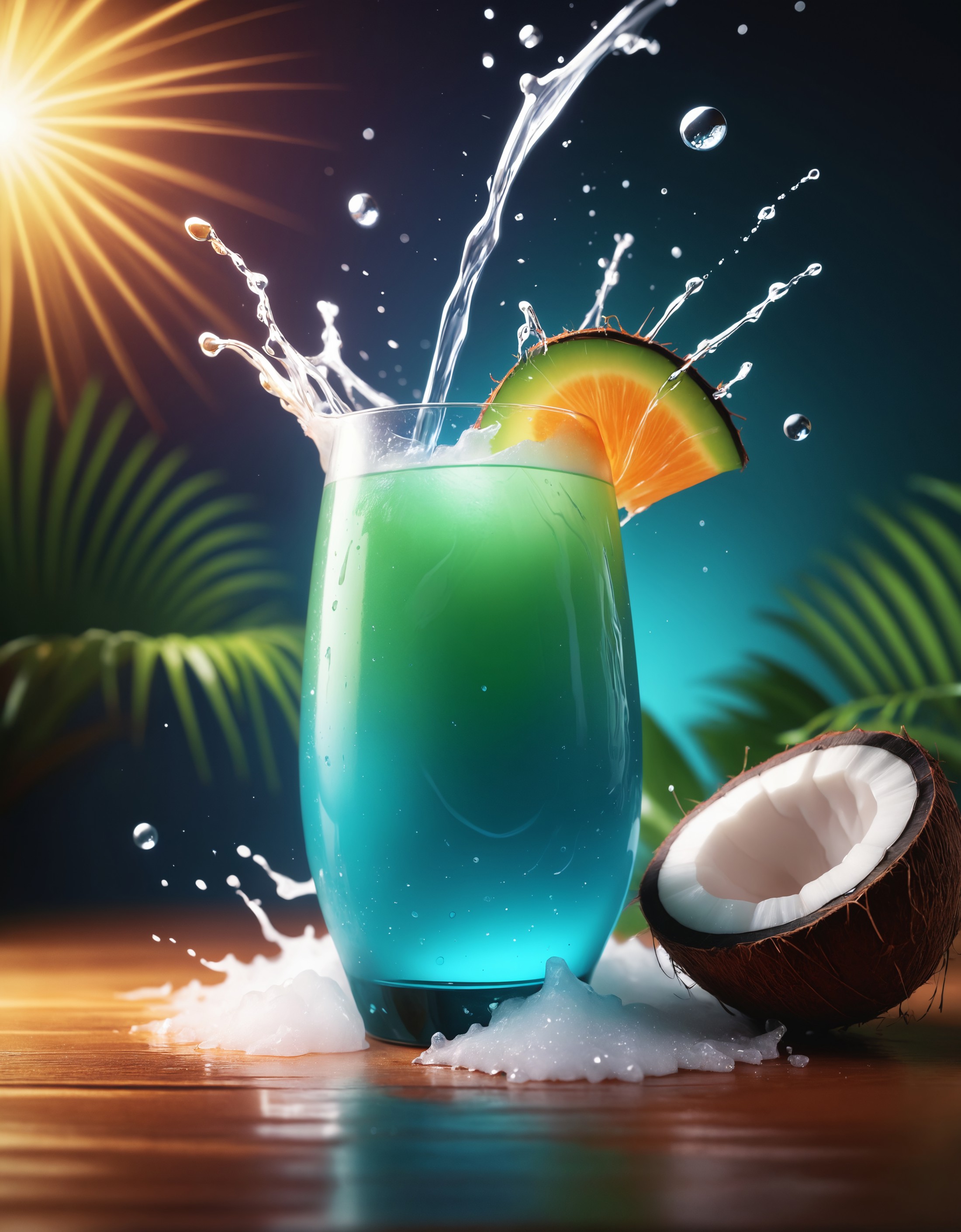 refreshing vibrant glowing coconut juice drink,dew drops,refreshing, zavy-lghttrl, in the style of a product hero shot in ...