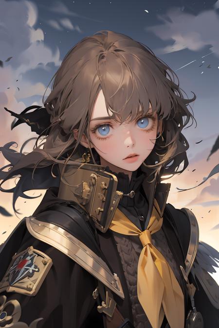 (absurdres, highres, ultra detailed), 1girl, solo, extremely detailed eyes, colorful, highest detailed, portrait, looking at viewer, solo, upper body, detailed background, detailed face, (steampunk theme:1.1), Hogwarts student,  (hufflepuff:1.1), neckerchief, cardigan, (style-swirlmagic:0.8),   floating feathers, quidditch pitch in background, night sky, fireworks, clouds,  cinematic atmosphere, backlighting,