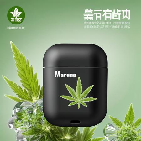 A promotional image capturing a serene and relaxed ambiance. At the center of the frame sits a headphone case, sleek and modern. The surface of the case boasts a beautifully detailed weed emblem, standing out as a centerpiece. Right below the weed , in elegant yet bold font, is the word 'marijuana'. Surrounding the product, soft lighting casts gentle shadows, creating a sense of depth. The backdrop consists of a tranquil scene, perhaps a light wooden table with subtle grain details, complemented by soft-focus green plants or flowers at the edges, which further enhances the calming mood.,marijuana, <lora:smokebox:0.8>