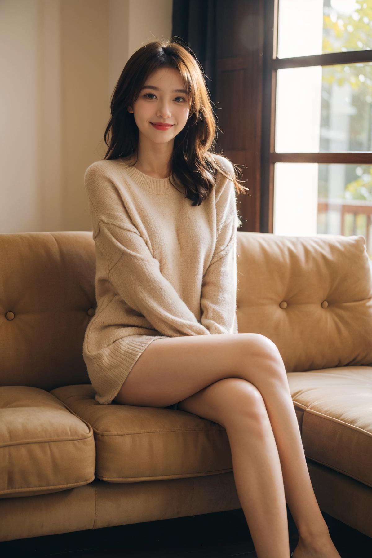 Woman in a white sweater sitting on a couch.