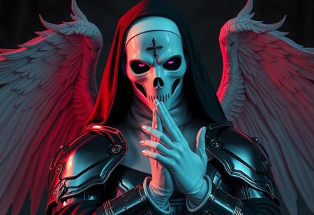 Create a dark, Holy-themed digital art piece inspired by Infernalvania, featuring a robot ghost wearing Billie Eilish's nun outfit and a Holy-themed silver armor, set against a Philippines-inspired background with white satin gloves and a robot ghost mask. Incorporate elements reminiscent of Alucard and angels protecting a praying man. The piece should evoke a sense of epic horror with a moody face, evil eyes, and realistic robot features. Reference the styles of artists such as Artgerm, J. J. Insider, Charlie Bowater, Peter Mohrbacher, Andrei Riabovitchev, Marc Simonetti, and Yoshitaka Amano. Ensure the artwork has a Warhammer 4.0k viral aesthetic and is suitable for a TikTok post. Include white face makeup and an 8-hour time frame for completion. Grading criteria include creativity, technique, and overall impact.