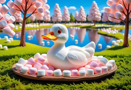 Duck made of Marshmallows, pond and park background, bright, vibrant, photography, high quality, detailed, realistic