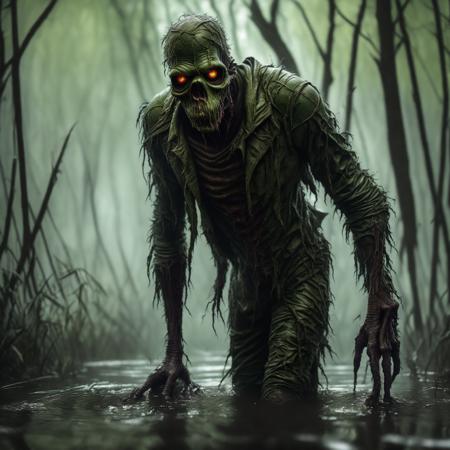 (ohwx) a (swamp zombie) disturbing scene, close up, photography, natural light, photorealism, cinematic rendering, ray tracing, the highest quality, the highest detail, Cinematic, Third-Person View, Blur Effect, Long Exposure, 8K, Ultra-HD, Natural Lighting, Moody Lighting, Cinematic Lighting