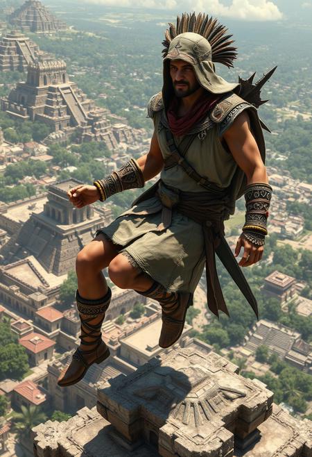 Un Assassin dans l’Empire aztèque avant l’arrivée des conquistadors :
Un guerrier Assassin se tient en équilibre sur le sommet d’un temple aztèque imposant, dominant la vaste cité de Tenochtitlán. Son apparence est un mélange de furtivité et de culture locale : il porte une tunique légère en coton renforcé, décorée de motifs aztèques sacrés, et un capuchon orné de plumes de quetzal, symbole de noblesse et de mystère.
Son visage est partiellement peint avec des motifs de guerre, et ses bras sont couverts de bracelets en or et en obsidienne. Dans une main, il tient un couteau sacrificiel en obsidienne noire, tranchant comme un rasoir, tandis qu’une lame cachée est attachée à son avant-bras, dissimulée sous des bandages en fibre végétale.
Derrière lui, la ville est en effervescence : des prêtres exécutent des rituels au sommet des pyramides, des guerriers jaguars et aigles patrouillent autour des palais, et des marchands négocient dans les marchés flottants sur les canaux. Le soleil couchant baigne la scène d’une lumière dorée, contrastant avec les ombres inquiétantes qui s’allongent sur les sculptures de pierre.
L’Assassin observe sa cible parmi les élites aztèques en contrebas. Avec l’agilité d’un jaguar, il se prépare à fondre sur elle avant de disparaître dans la jungle dense entourant la ville