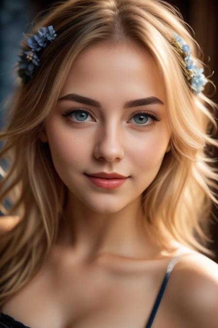 A close-up portrait of a woman with long blonde hair and blue eyes. The woman's hair is tied back with a wreath of blue flowers on her head. Her eyes are a piercing blue. Her eyebrows are a darker shade of blue and her lips are a lighter shade of pink. The background is blurred, creating a soft focus on the woman's face.