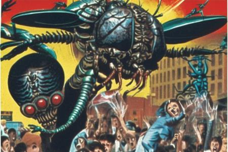 a giant insect attacking people on a street in the style marsattacks