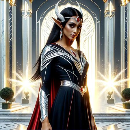 wide cinematic view of an elite female dark elven (Drow) warriort in black and silver art deco-inspired armor, silver chrome and moonsteel with sunburst and chevron engravings, angular pauldrons, ruby and red jasper inlays, stunningly elegant facial features, pointed ears, regal and beautiful expression, flowing cape in deep sapphire with embroidered Elven runes, Deco circlet crown, magical twilight lighting, cinematic background blur, glowing reflections on polished armor, heroic posture, fantasy deco fusion, They stand proudly on marble steps, framed by towering gold-and-alabaster statue columns shaped like Deco guardians. Behind them, stained glass windows and curving Elven arches stretch toward the twilight sky, with magical mist drifting through the air. The scene is radiant and regal, with cinematic lighting, soft haze, ambient magical glow, and a deep sense of heroic elegance. Ultra-detailed, fantasy deco fusion, 4K concept art, full body view.
Hideultra-detailed, symmetrical composition, 4K concept art