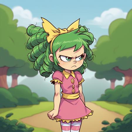 GERTRUDE, 1girl, solo, green hair, green eyes, hair bow, dress, striped pantyhose, black mary janes,