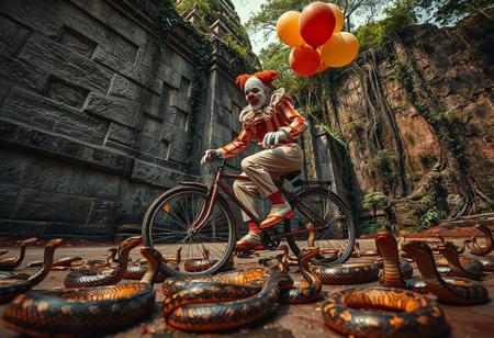 high quality, detailed, beautiful, masterpiece, correct anatomy, anatomically correct, detailed, realistic, masterpiece, complex shadows, intricate details, high quality, hi res, best quality, a clown is riding a bicycle, the bicycle the clown is riding is made of balloons, there are thumbtacks on the ground, there are many cobra snakes on the ground, the clown is trying to avoid the thumbtacks, the clown is nervous, scared, sweating heavily, low angle, looking up, view from bellow, jungle, temple, granite wall, vines, vivid colours,