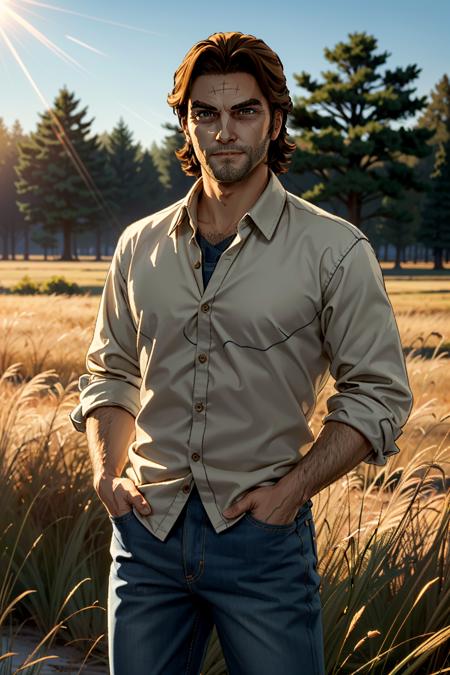 ((ultra detailed, masterpiece, best quality))
 <lora:WolfBigby:0.8>
WolfBigby, 1boy, solo, Amidst a field of tall grass, rugged jeans and a flannel shirt, golden hour sunlight casting a warm glow, hands casually in pockets with a carefree smile