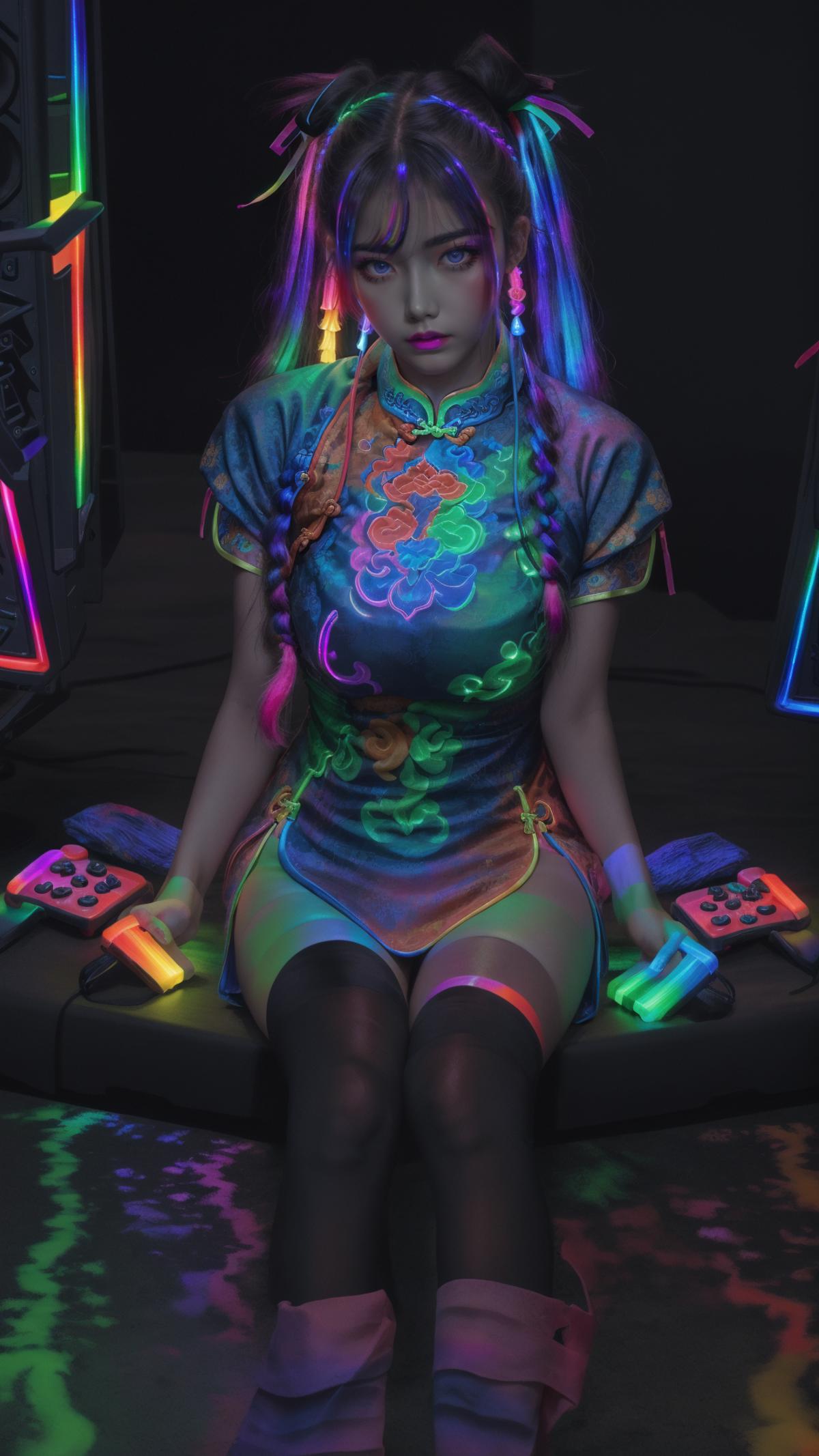A woman in a colorful dress is sitting with two video game controllers in her lap.
