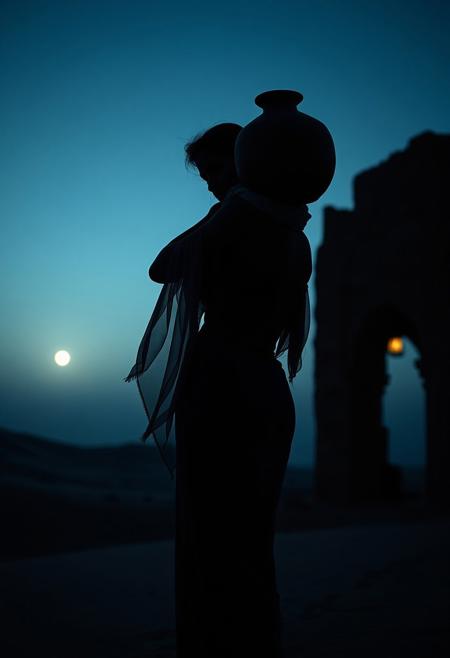 silhouette shot, a North African woman balancing a clay water jug on her shoulder, standing hip-cocked at the edge of a desert oasis, sheer scarf fluttering in the wind, looking back at the viewer with half-lidded eyes, setting: dunes and crumbling stone arches, mood: sultry survival, lighting: deep blue hour with a single lantern glow, shot on Leica M10-P, styled like a desert noir film