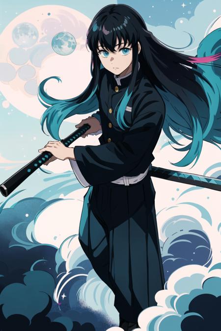 1boy aqua eyes Tokito_Muichirou demon slayer uniform black pants two-tone hair multi colored hair long hair male focus  bangs