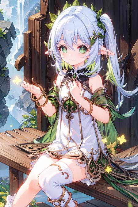 1 girl, solo, highres,hand on own chest,looking at viewer, masterpiece,best quality, extremely detailed, perfect lighting, sunny, light tracing, detailed beautiful face, looking at viewer, white dress, see-through, thights, streaked hair, braid, pointy ears, side ponytail, thigh strap, thighhighs, multicolored hair, white hair, green hair, gradient hair, green eyes, symbol-shaped pupils,  bare shoulders, smile, waterfall, white bloomers, soft shadow, sitting, stirrup legwear, one hand between legs, armpits, toeless footwear, <lora:nahidaGenshinImpactV1:0.8>