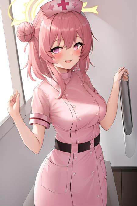 masterpiece, best quality, highres, solo, {serina_bluearchive:1.10}, pink_hair, halo, pink_eyes, hat, blush, smile, open_mouth, nurse_cap, hair_bun, breasts