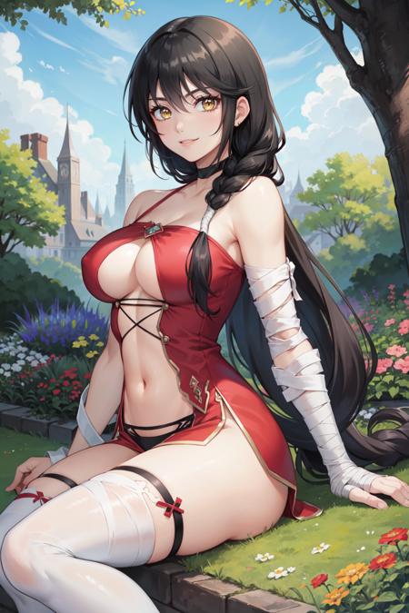 velvet_crowe, long hair, very long hair, medium breasts, choker, bandages, black choker, hair between eyes, bandaged arm, cleavage, underboob, thighhighs, braid