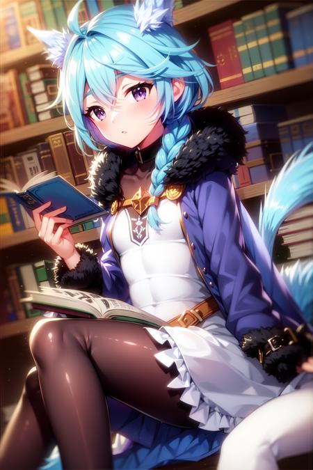 book, holding book, open book, reading, book stack, braid, purple eyes, floating, blue hair, holding, fur trim, bookshelf, floating object, 1boy, otoko no ko, solo, long hair, male focus, bookmark, floating book, book hug, quill, light blue hair, black legwear, cape, blush, library, pantyhose