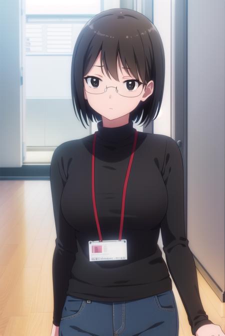 lucyyamagami, <lora:lucy yamagami s1-lora-nochekaiser:1>,
lucy yamagami, short hair, black hair, (black eyes:1.5), ahoge, glasses,
BREAK pants, sweater, turtleneck, id card, lanyard,
BREAK indoors, office,
BREAK looking at viewer, (cowboy shot:1.5),
BREAK <lyco:GoodHands-beta2:1>, (masterpiece:1.2), best quality, high resolution, unity 8k wallpaper, (illustration:0.8), (beautiful detailed eyes:1.6), extremely detailed face, perfect lighting, extremely detailed CG, (perfect hands, perfect anatomy),