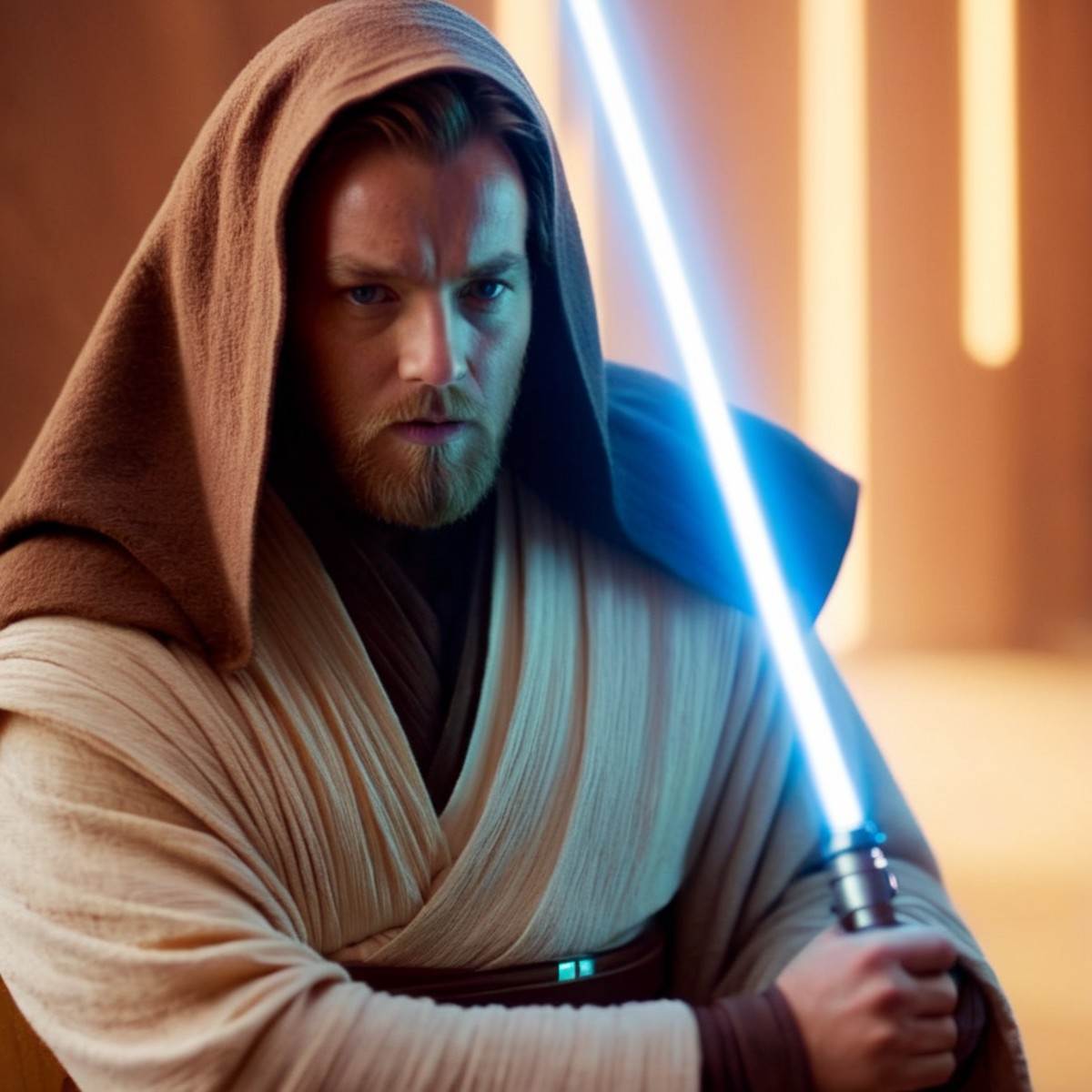 cinematic film still of  <lora:Obi-Wan Kenobi:1.2>
Obi-Wan Kenobi a man dressed in a jedi - wars outfit holding a light sa...