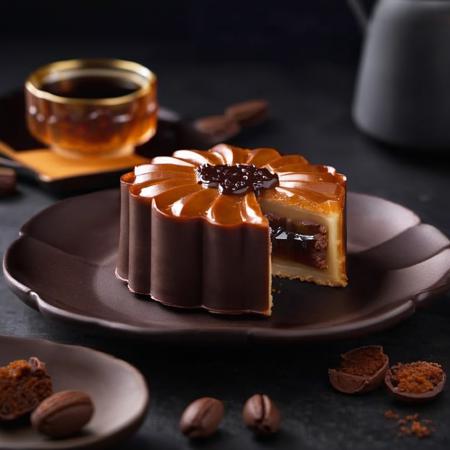 jellie,A cut up food mooncake with a dark brown crust chocolate sauce and a chocolate interior with coffee on the side，Lava Chocolate,solo,simple,