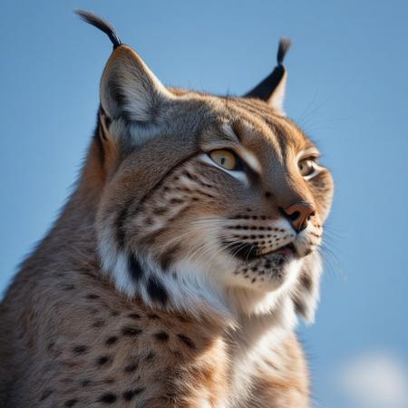 very realistic close-up photography of the head of a lynx, blue sky background with cirrus clouds and slightly hidden sun