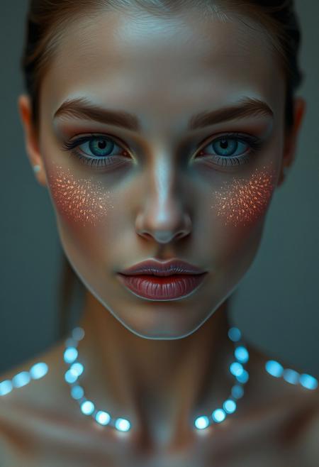 integrated LED body modification, permanent LED makeup, subtle glowing accents under the skin, (embedded LEDs:1.3) illuminating cheekbones and jawline, soft projected makeup, light patterns shifting with expressions, (flawless skin:1.4), futuristic yet natural, gentle LED glow defining facial features, seamless tech-enhanced beauty, (subtle under-skin glow), elegant LED accents on lips and eyes, ultra-modern body modification, high-definition, (good anatomy:1.4), radiant skin with integrated lighting, permanent light contours, soft and natural light projection, smooth textures blending LED with skin, facial definition enhanced by internal light, glowing accents integrated into facial structure, high-resolution, timeless beauty with advanced technology, LED glow replacing traditional makeup, precise lighting contours