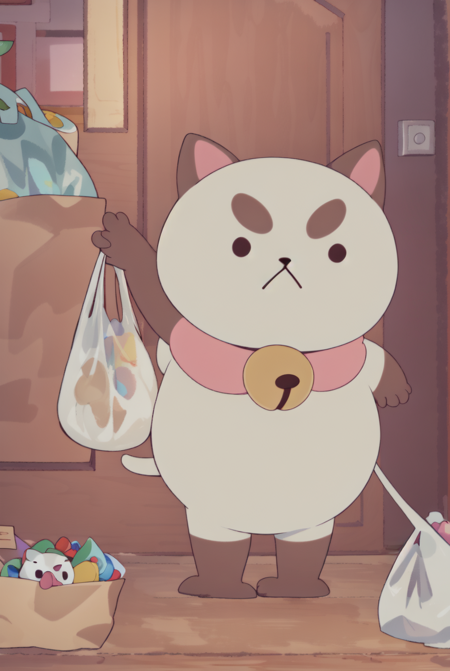 Puppycat,masterpiece, best quality, bag, plastic bag, bell, holding bag, cat, holding, door, shopping bag, no humans, neck bell, jingle bell, indoors, :<, animal, animal focus, standing, grocery bag, open door, full body, collar, paper bag, closed mouth, solo, white cat, chibi <lora:Puppycat-10:1>