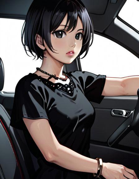 aoi tsukasa, 1girl, solo,  bracelet, jewelry, realistic, black short hair, black eyes, ultra pose
inside a car , (body shot)
(<lora:Aoi_Tsukasa:1> Aoi Tsukasa),
parted lips, (black room background:1),