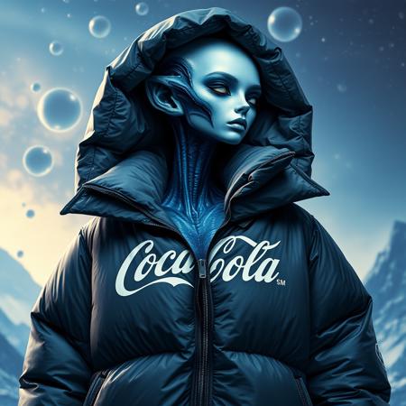 raw,masterpiece,full body  half alien hybrid half woman, coca cola big puffy jacket,color blue and black and white domine,background dysptopian surreal bubble space 