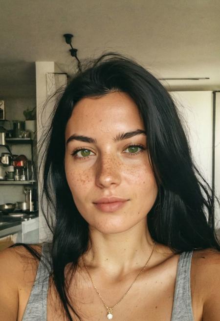 instagram selfie , a 23 year old gorgeous woman , slight cocky smile , detailed skin face and eyes ,  long black hair, wearing a silver necklace, film grain, low contrast, natural face , freckles , black hair , green eyes, dark circles under eyes, in a cute apartment in paris, golden hour, hard nipples visible