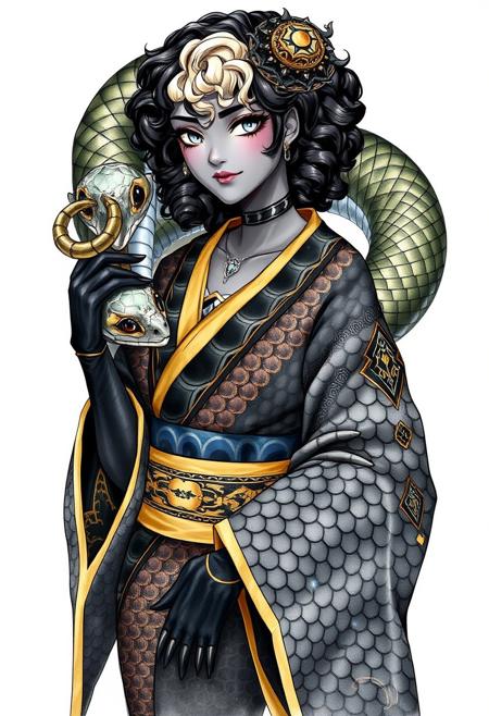 Solo, watercolor style, portrait.
1girl, XendraD: (futanari,black hair with blonde highlights, curly hair, glowing silver eyes, dark gray skin, curvaceous, voluptuous, big hips) wearing intricate black scaled kimono with gold accents black/gold gloves. 
A large onyx snake with eyes made of diamond is coiling around XendraD. She is stroking the snake with one hand. Confident expression.