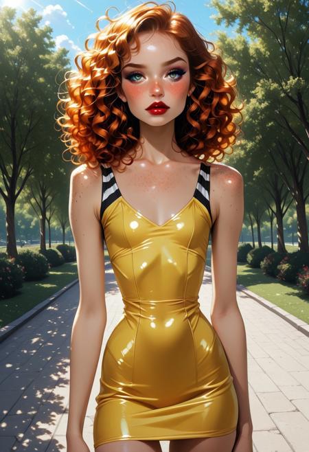 park setting, outdoors ,sunshine, beautiful, solo, 1 girl, Sandy, freckles, curly hair, long ginger hair, makeup, red lipstick, eye shadow, short yellow bodycon dress with horizontal black stripes, looking at viewer, lips slightly parted, tight waist, freckles on shoulder and chest, tiny breasts, shy, cute, skinny, petite, delicate,