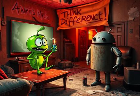 "In a grimy, dilapidated Florida crackhouse, a cartoonish green apple with exaggerated eyes and twisted limbs faces off against the iconic Android logo robot. The apple, perched on a stained coffee table, holds a meth glass pipe in one hand, with acrid smoke billowing from it. In its other hand, it clutches a lighter, flickering ominously.
The massive OLED TV mounted on the wall casts a harsh, flickering light, creating unsettling shadows as it plays an unnervingly vivid Apple commercial. The room’s walls are grimy, covered in graffiti, and peeling wallpaper hangs in tatters. The floor is strewn with trash, broken furniture, and empty cans.
The Android robot, with a rusted, dented exterior and malfunctioning eyes, stands in a defensive stance with twitching antennae. Above the TV, a warped cardboard sign with 'Think Different!' hangs crookedly, its jagged lettering backlit by flickering LEDs that cast eerie shadows on the peeling walls.
The air is thick with mildew, decay, and the sharp scent of meth smoke. The green apple’s glossy skin and the Android’s grimy, rusted body are harshly illuminated by the flickering light, heightening the bizarre and unsettling confrontation in this derelict, drug-ridden setting."