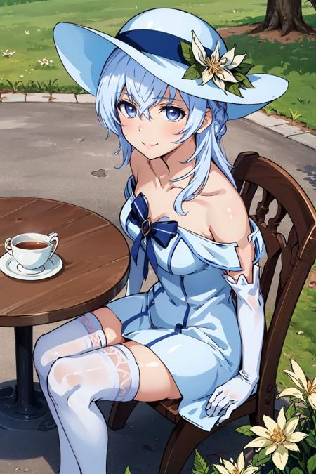 seitenshi sun hat, white dress, bare shoulders, elbow gloves, white thighhighs