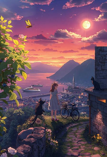 Vertical 9:16 cinematic anime frame, ultra-detailed 4K, vibrant and rich color palette, sharp lighting contrast.
Vordergrund: blühender Kirschbaumzweig links, Schmetterling schwebend darüber; rechter Bildrand mit halb verwelktem Zaun und Grashalmen im Wind, kleiner umgefallener Getränkebecher mit glänzender Oberfläche.
Vor-Mittelgrund: schwarzer Kater sitzt auf einer Steinmauer, Blick nach oben, neben ihm eine halbvolle Glasflasche mit Lichtreflexion; darunter bunte Gänseblümchen am Boden.
Mittelgrund: ein Junge und ein Mädchen stehen auf einem kleinen Hügel mit gepflastertem Weg; sie trägt ein Sommerkleid, er ein Fahrrad schiebend, beide schauen in die Ferne, friedlich, Haare im Wind, klarer Fokus.
Hintergrund: flache Küstenstadt mit erleuchteten Fenstern, Kirchturm und Laternenpfählen; hinter der Stadt das ruhige Meer mit einem entfernten Kreuzfahrtschiff, Lichter reflektieren auf dem Wasser.
Hinter-Hintergrund: gro﷿e Gebirgskette unter einem weiten Sternenhimmel.
Himmel: tiefe Dämmerung in violett-orange, gro﷿e weiche Wolken im oberen Drittel, strahlender Vollmond leicht links oben, halb verdeckt von einer Wolkenschicht, mit subtiler Korona.
Soft bloom, cinematic lighting, parallax-ready composition with strong sense of layered depth, feenstaub gently floating across all depth layers, cel-shaded in Makoto Shinkai style.