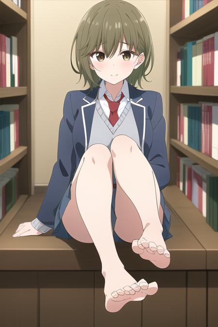 masterpiece, best quality, 1girl, solo,higashira isana,brown hair,green hair,short hair,eyebrows hidden by hair,brown eyes,school uniform,blue jacket,open jacket,long sleeves,grey sweater vest,white shirt,red necktie,blue pleated skirt,<lora:isana:0.7>,library, sitting, barefoot, 