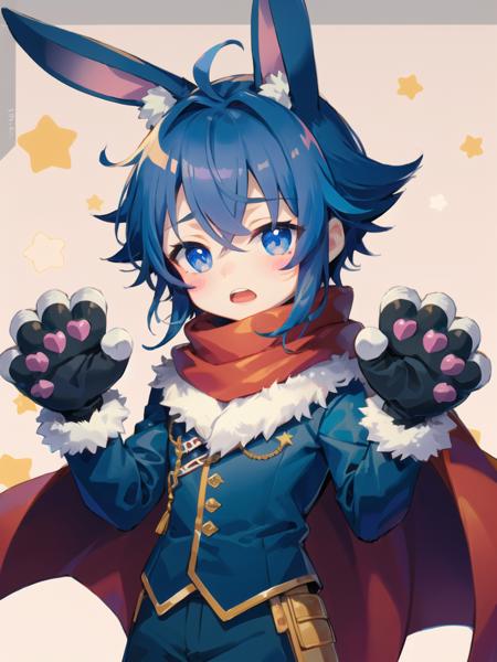 masterpiece, best quality, den2, male focus, 1boy, male child, solo, looking at viewer, blue eyes, black hair, spiked hair, animal ears, rabbit ears, open mouth, gloves, star \(symbol\), cape, animal hands, blush stickers, pants, heart, scarf, <lora:den2chibi:1>,