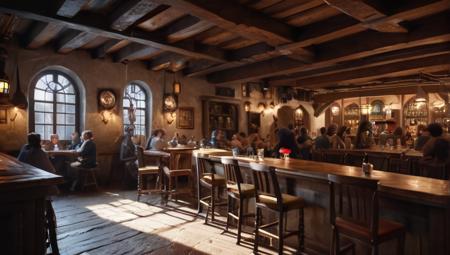 medieval fantasy tavern enviornment design whimsical  in the sytle of the prancing pony <lora:crowd_notrigger:.6>, award winning photograph + cinematic shot + photos taken by ARRI 65 + incredibly detailed, sharpen, details + professional lighting, photography lighting + 50mm, 80mm, 100m + lightroom gallery + behance photographys + unsplash, global illumination, epic award winning photograph (subsurface scattering:1.3), intracate details, ambient occlusion, global illumination, realism, hyper realistic, hyper detailed