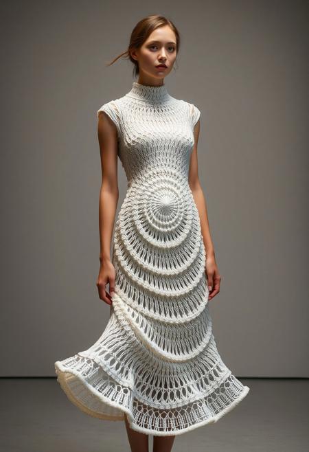 (nubile young woman:1.3), wearing (dress formed from a single intricate spirograph design:1.6), (knitted spiral structure:1.5), (dense central pattern:1.4), (lighter, breathable edges:1.3), (graceful curves in spiral knitting:1.3), (smooth fabric flow:1.2), (dynamic symmetry across the dress), (layered spiral complexity), (highlighted edges with subtle sheen:1.1), (minimal accessories), (elegant gallery setting), (light wind effect on fabric movement), (refined texture:1.3), (bulky or awkward structure:-1.4), (grayish tones:-1.2), (rough edges:-1.2), (photorealism:-1.5), (disproportionate anatomy:-1.3), (blurry elements:-1.2), (oversaturated highlights:-1.2)