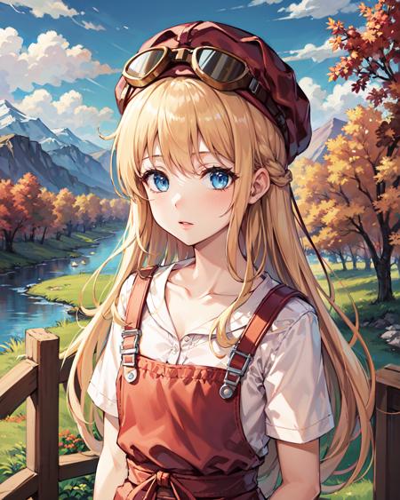 best quality, (masterpiece:1.2), illustration, absurdres,
(1girl), (solo), (beautiful detailed girl),  (upper body, portrait),
<lora:TitaSky-08:0.8>, Tita Russell, blue eyes, blonde hair, long hair, small breasts, flat chest, petite, 
red hat, headwear, goggles on headwear, pink shirt, red apron, pink shorts, black pantyhose, red shoes,
looking at viewer, 
overlooking distant mountains, distant river, (pine forest), autumn colors, sky, clouds, intricate, detailed background,