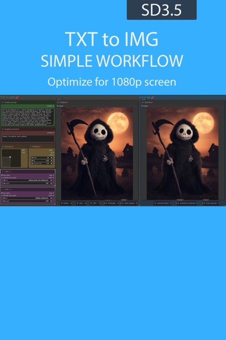 TXT to IMG simple workflow SD3.5 | UPSCALE | LORA |  GGUF | CIVITAI Metadata v2.0 - GGUF
