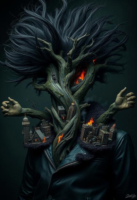 Subject: Tree entwined by multiple human-like arms
Arms: Wild, windswept black hair with exaggerated spikes, adding dynamic energy
Tree: Dark, moss-covered bark, central focus of the image
Environment: Miniature burning city integrated into his head, with flames, smoke, and crumbling buildings
Lighting: Soft and diffused, minimal highlights, emphasizing eerie shadows
Heavy leather jacket with fur-lined collar, detailed texture, dark tones
Mood: Creepy, mysterious, and otherworldly
Hyper-realistic surrealism with intricate details and dramatic contrasts