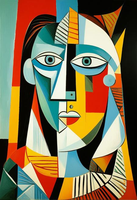 masterpiece, best quality, illustration, style of Pablo Picasso, cubist, complementary colors, abstract landscape,