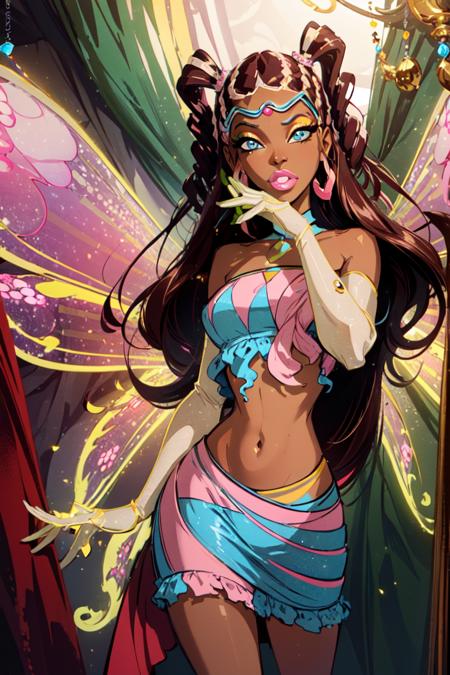 Aisha/Layla fairy wings, midriff, blue eyes, brown hair, sparkling outfit dark-skinned female very long hair